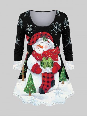 T-shirt Bonhomme de Neige Sapin de Noël et Flocon de Neige Imprimés de Grande Taille - BLACK - XS
