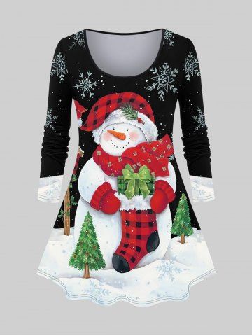 T-shirt Bonhomme de Neige Sapin de Noël et Flocon de Neige Imprimés de Grande Taille - BLACK - 1X