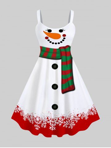 Plus Size Christmas Snowflake Snowman Scarf Buttons Colorblock Print Tank Dress - WHITE - S