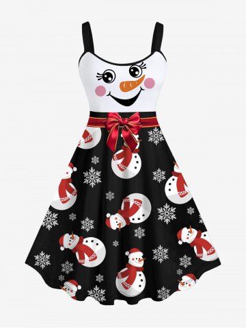 Plus Size Christmas Snowman Snowflake Ribbon Bowknot Print Tank Dress