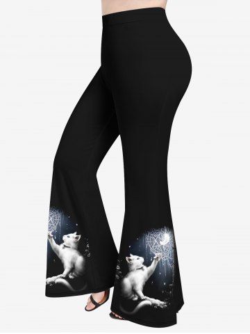 Plus Size 3D Cat Spider Web Moon Glitter Print Halloween Flare Pants - BLACK - 1X