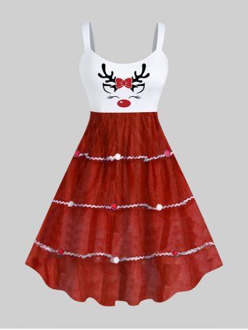 Plus Size Christmas Bowknot Deer Sparkling Sequin 3D Print Tank Dress - RED - XS