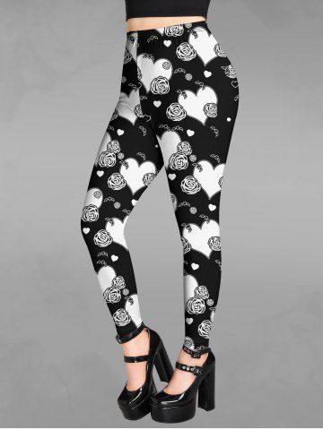 Gothic 3D Heart Floral Print Skinny Leggings - BLACK - 6X