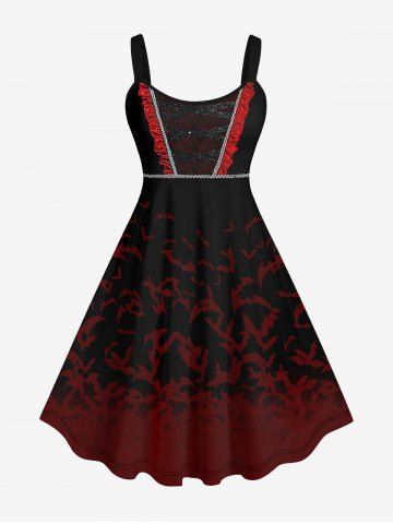 Halloween Vampire Costume Bat Sequin Ruffles Lace Trim 3D Print Plus Size Tank Dress - DEEP RED - 1X