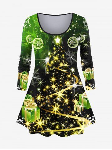 Plus Size Christmas Tree Ball Gift Star Snowflake Glitter Print T-shirt - DEEP GREEN - XS