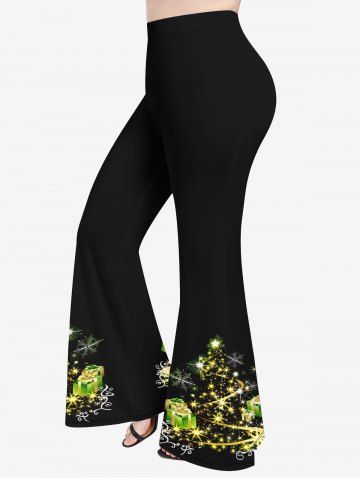 Pantalon Évasé Brillant à Imprimé Cadeaux et Sapin de Noël Grande-Taille - BLACK - 6X
