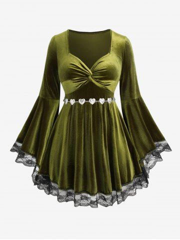 Plus Size Flare Sleeves Lace Trim Twist Heart Chain Belted Velvet Top - GREEN - M | US 10