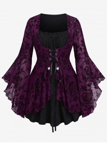 Gothic Bell Sleeves Cross Floral Mesh Flocking Lace Up Ruched Ruffles 2 in 1 Long Sleeves Top - CONCORD - S | US 8