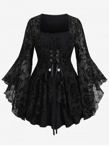 Gothic Bell Sleeves Cross Floral Mesh Flocking Lace Up Ruched Ruffles 2 in 1 Long Sleeves Top - BLACK - S | US 8