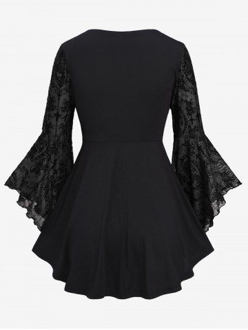 Gothic Bell Sleeves Cross Floral Mesh Flocking Lace Up Ruched Ruffles 2 in 1 Long Sleeves Top