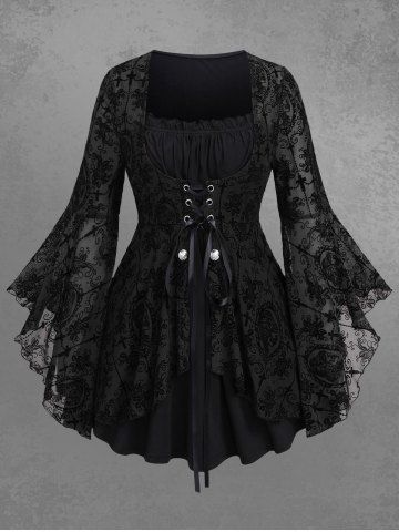 Gothic Bell Sleeves Cross Floral Mesh Flocking Lace Up Ruched Ruffles 2 in 1 Long Sleeves Top
