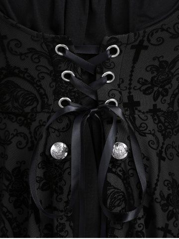 Gothic Bell Sleeves Cross Floral Mesh Flocking Lace Up Ruched Ruffles 2 in 1 Long Sleeves Top