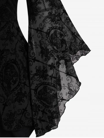 Gothic Bell Sleeves Cross Floral Mesh Flocking Lace Up Ruched Ruffles 2 in 1 Long Sleeves Top