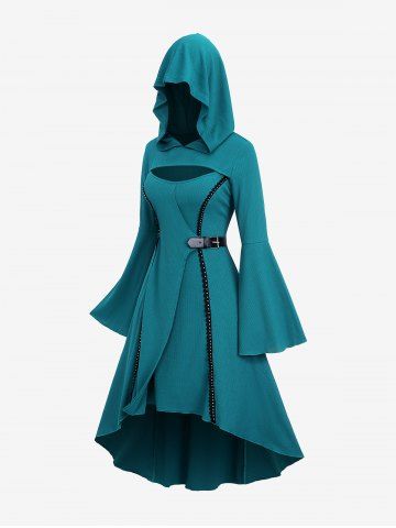 Plus Size Buckle Rivet Lace Trim High Low Hoodie Dress - DEEP GREEN - 2X | US 18-20