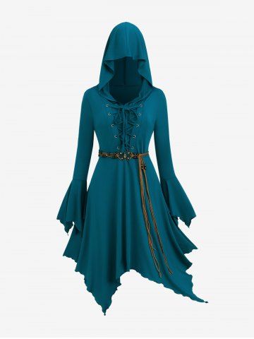 Plus Size Lace Up Handkerchief Bell Sleeve Butterfly Belt Hooded Dress - BLUE - 2X | US 18-20