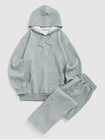 Men's Matching Co Ord Athleisure Style Casual Jacquard Textured Front Pocket Drawstring Pullover Hoodie and Tapered Pants Two Piece Set - LIGHT GRAY - M
