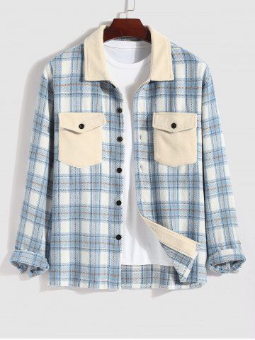 Men's Plaid Pattern Flap Pocket Button Front Contract Color Collar Woolen Shacket - LIGHT BLUE - S