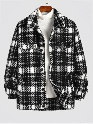 Men's Contract Color Plaid Fluffy Teddy Fleece Button Front Jacket - BLACK - XXL