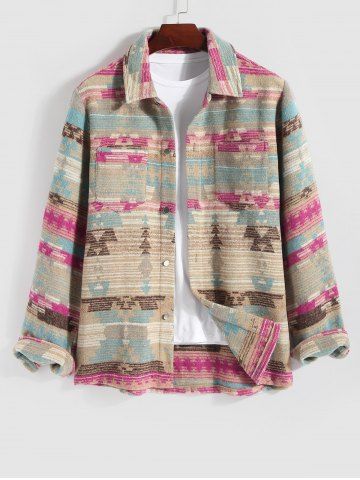 Men's Ethnic Aztec Printed Front Pockets Design Single-breasted Woolen Jacket - LIGHT BLUE - L