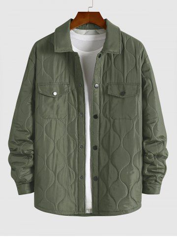 Veste Cargo Matelassée de Couleur Unie avec Poches à Rabat et Boutons de Pression pour Hommes - GREEN - XL