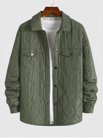 Men's Daily Solid Color Snap Button Flap Cargo Pockets Quilted Padded Jacket - GREEN - L