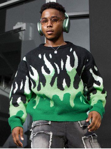 Y2K Aesthetic Flame Graphic Casual Sweater - DEEP GREEN - M
