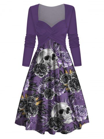 Skull Flower Print Crossover Long Sleeve Midi Dress - PURPLE - XXL | US 12