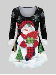 T-shirt Bonhomme de Neige Sapin de Noël et Flocon de Neige Imprimés de Grande Taille - Noir 6X