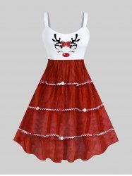 Robe Débardeur Pailletée à Imprimé Cerf de Noël 3D Grande Taille - Rouge 1X