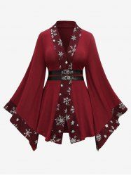 Plus Size Christmas Snowflake Star Print Buckle PU Leather Strip Bell Sleeve T-shirt -  
