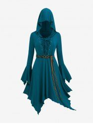 Plus Size Lace Up Handkerchief Bell Sleeve Butterfly Belt Hooded Dress -  