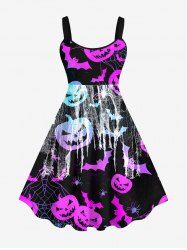 Plus Size Halloween Pumpkin Spider Web Bat Print Tank Dress -  