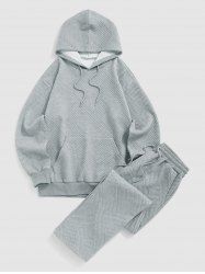 Men's Matching Co Ord Athleisure Style Casual Jacquard Textured Front Pocket Drawstring Pullover Hoodie and Tapered Pants Two Piece Set -  