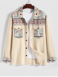 Men's Ethnic Style Geometric Printed Front Pocket Button Fuzzy Fleece Jacket -  