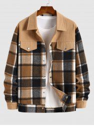 Men's Plaid Pattern Woolen Spliced Button Front Jacket -  