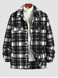 Men's Contract Color Plaid Fluffy Teddy Fleece Button Front Jacket -  