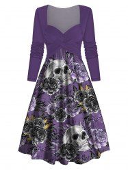 Skull Flower Print Crossover Long Sleeve Midi Dress -  