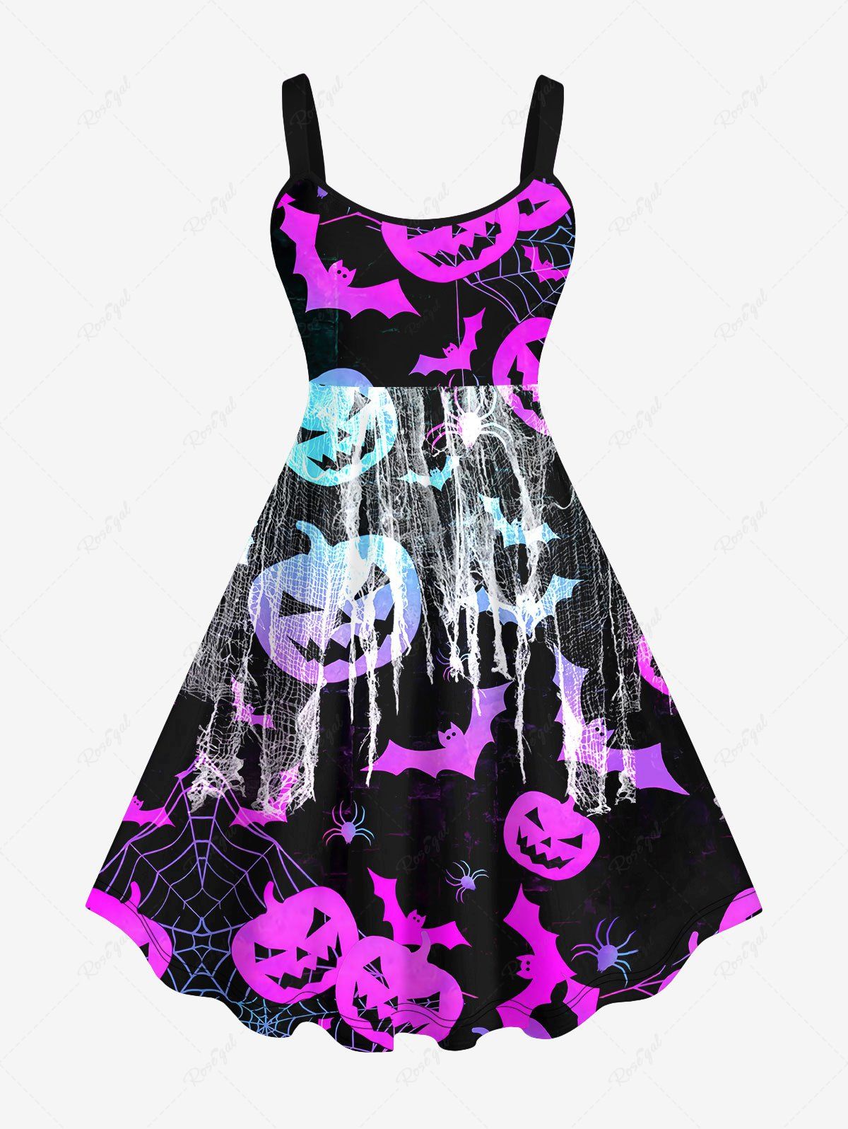 Latest Plus Size Halloween Pumpkin Spider Web Bat Print Tank Dress  