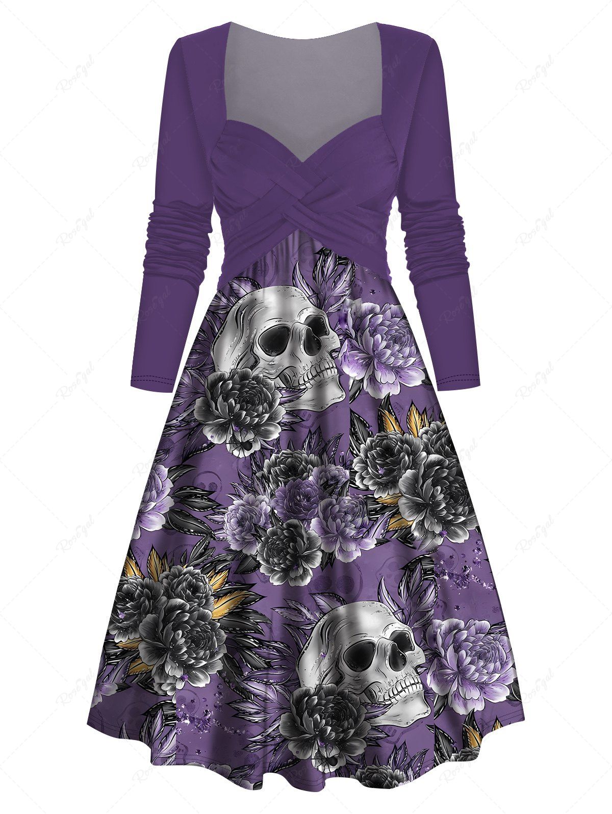 Unique Skull Flower Print Crossover Long Sleeve Midi Dress  