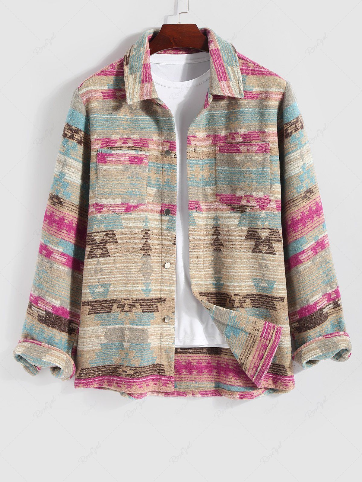 New Men's Ethnic Aztec Printed Front Pockets Design Single-breasted Woolen Jacket  