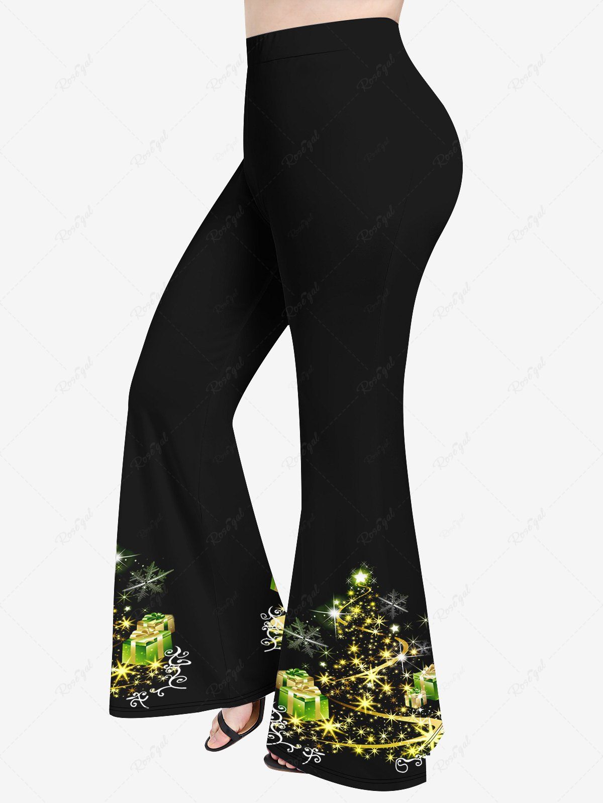 Chic Plus Size Christmas Tree Gift Star Glitter Print Flare Pants  