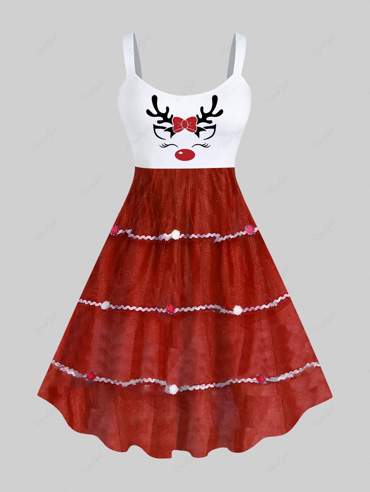 Robe Débardeur Pailletée à Imprimé Cerf de Noël 3D Grande Taille Rouge 1X