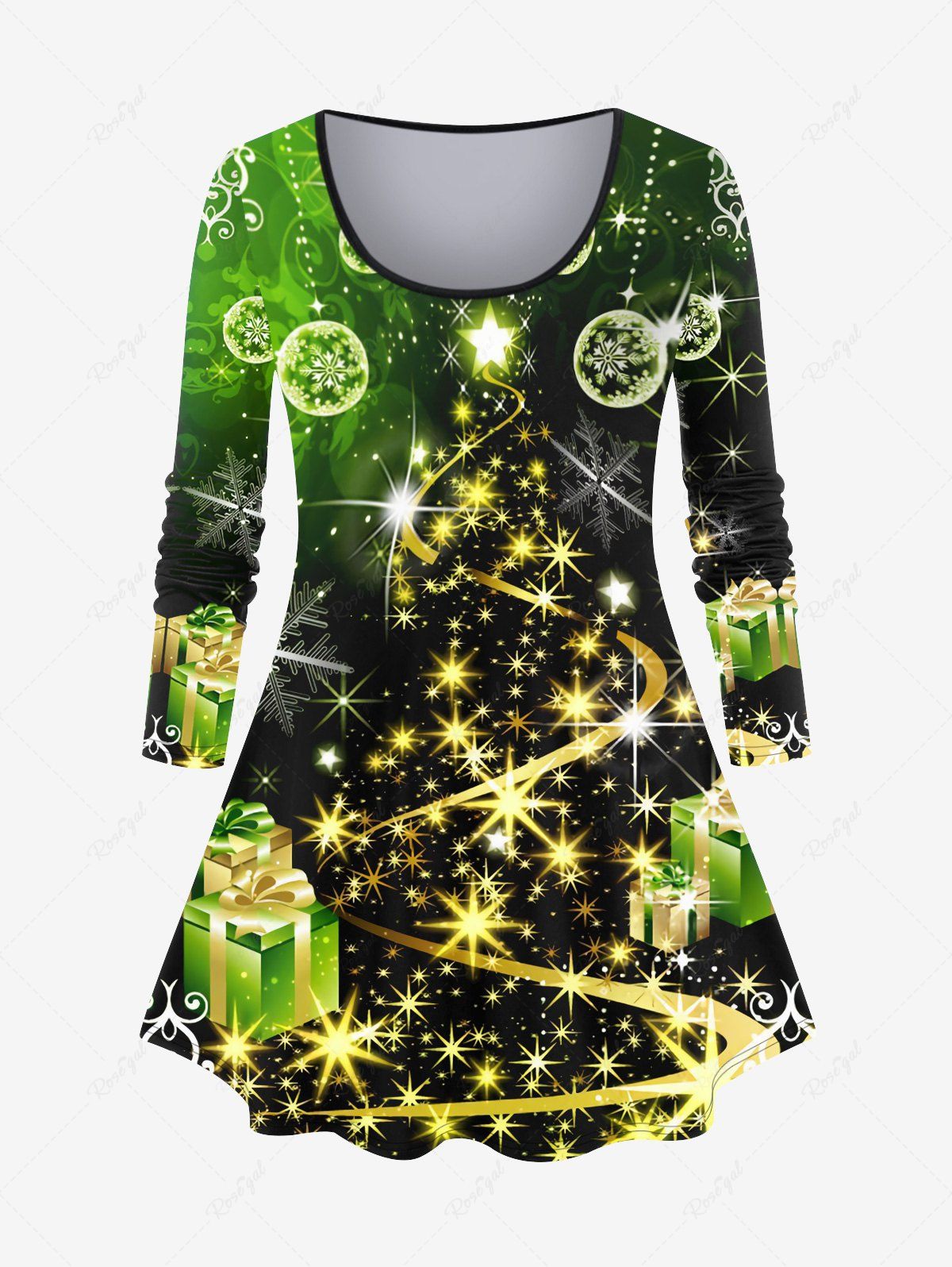 Outfit Plus Size Christmas Tree Ball Gift Star Snowflake Glitter Print T-shirt  