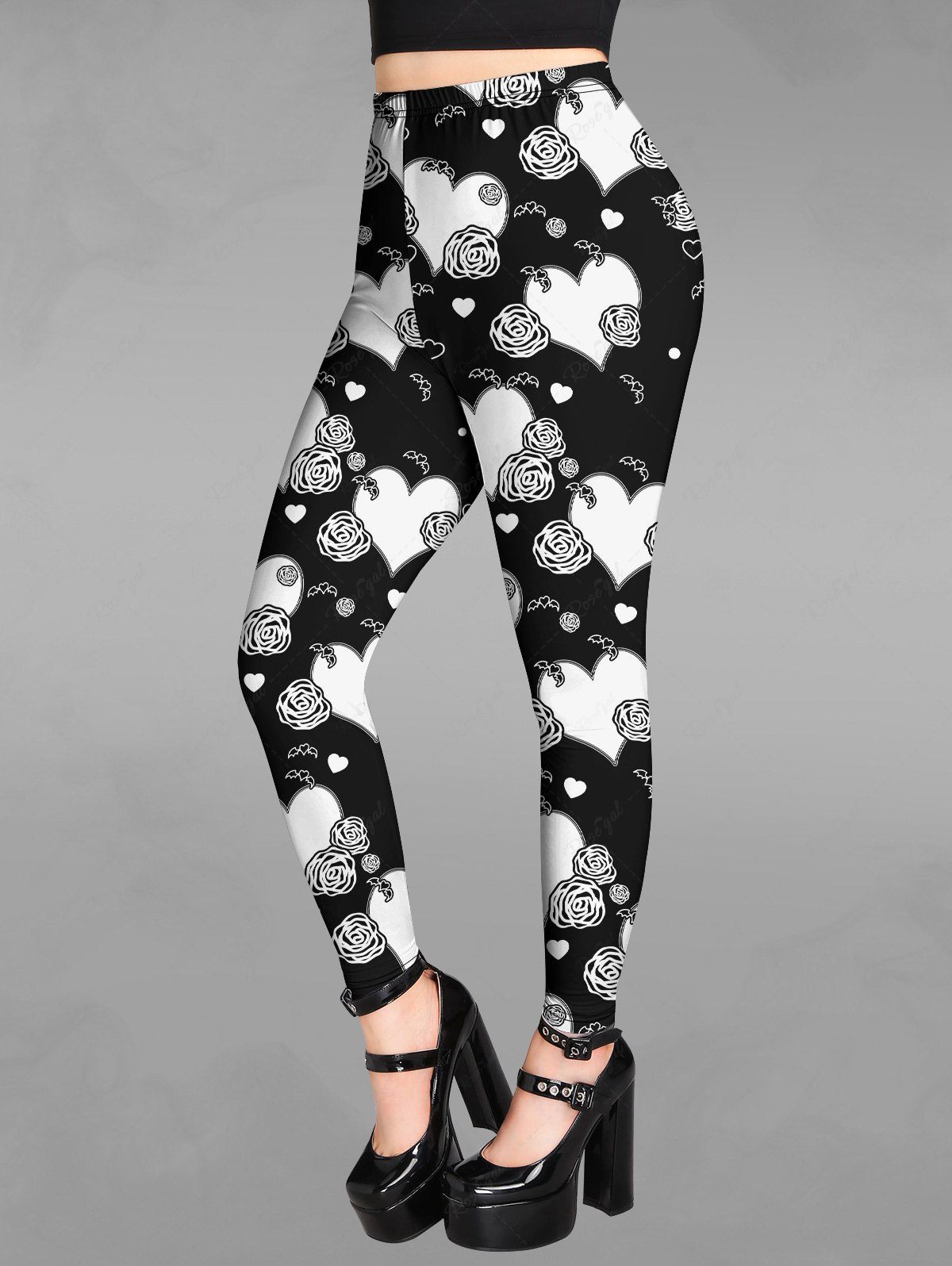 Chic Gothic 3D Heart Floral Print Skinny Leggings  