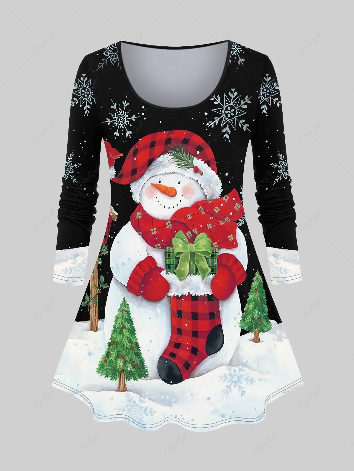 T-shirt Bonhomme de Neige Sapin de Noël et Flocon de Neige Imprimés de Grande Taille Noir 6X