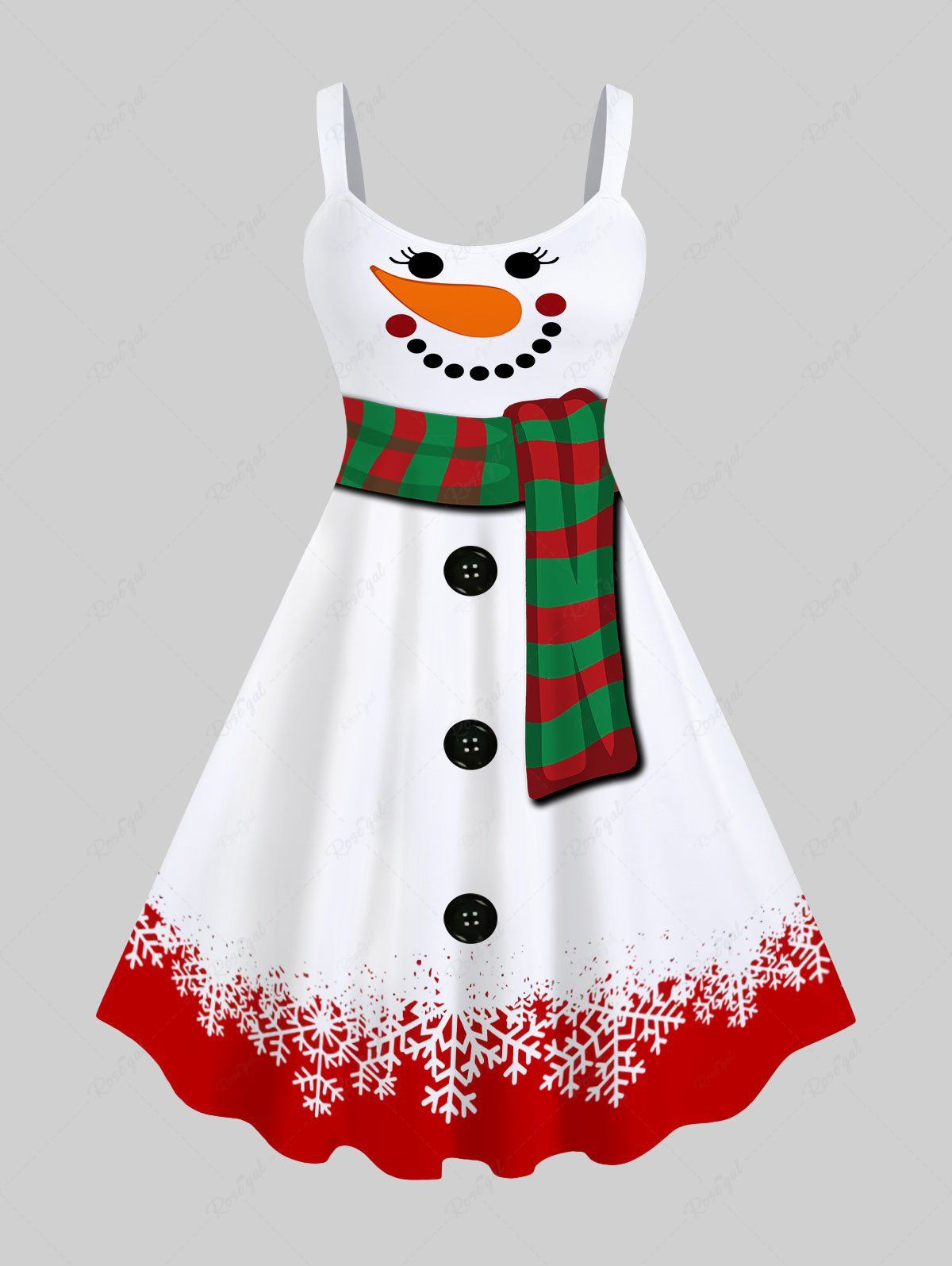 Latest Plus Size Christmas Snowflake Snowman Scarf Buttons Colorblock Print Tank Dress  