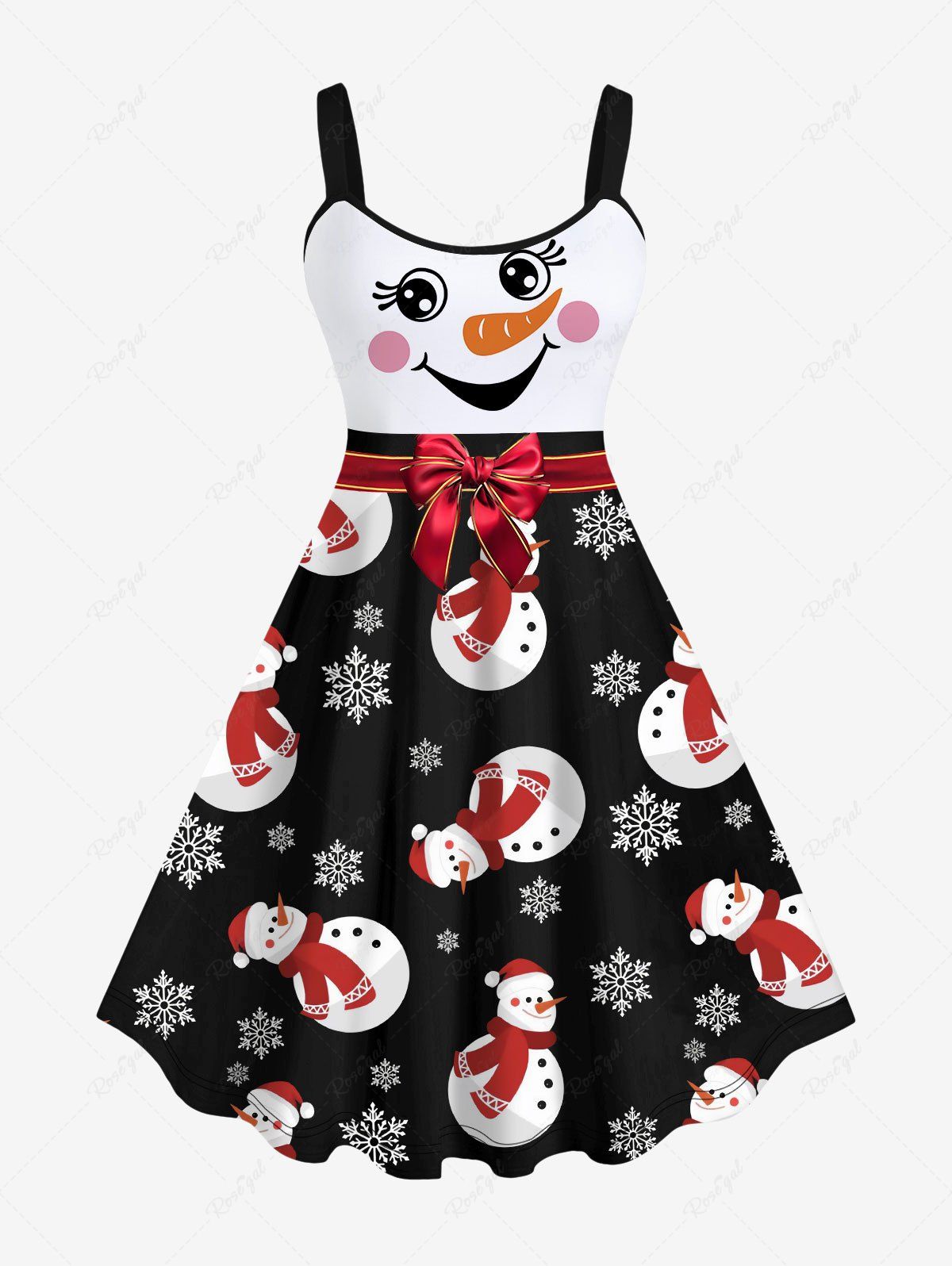 Sale Plus Size Christmas Snowman Snowflake Ribbon Bowknot Print Tank Dress  