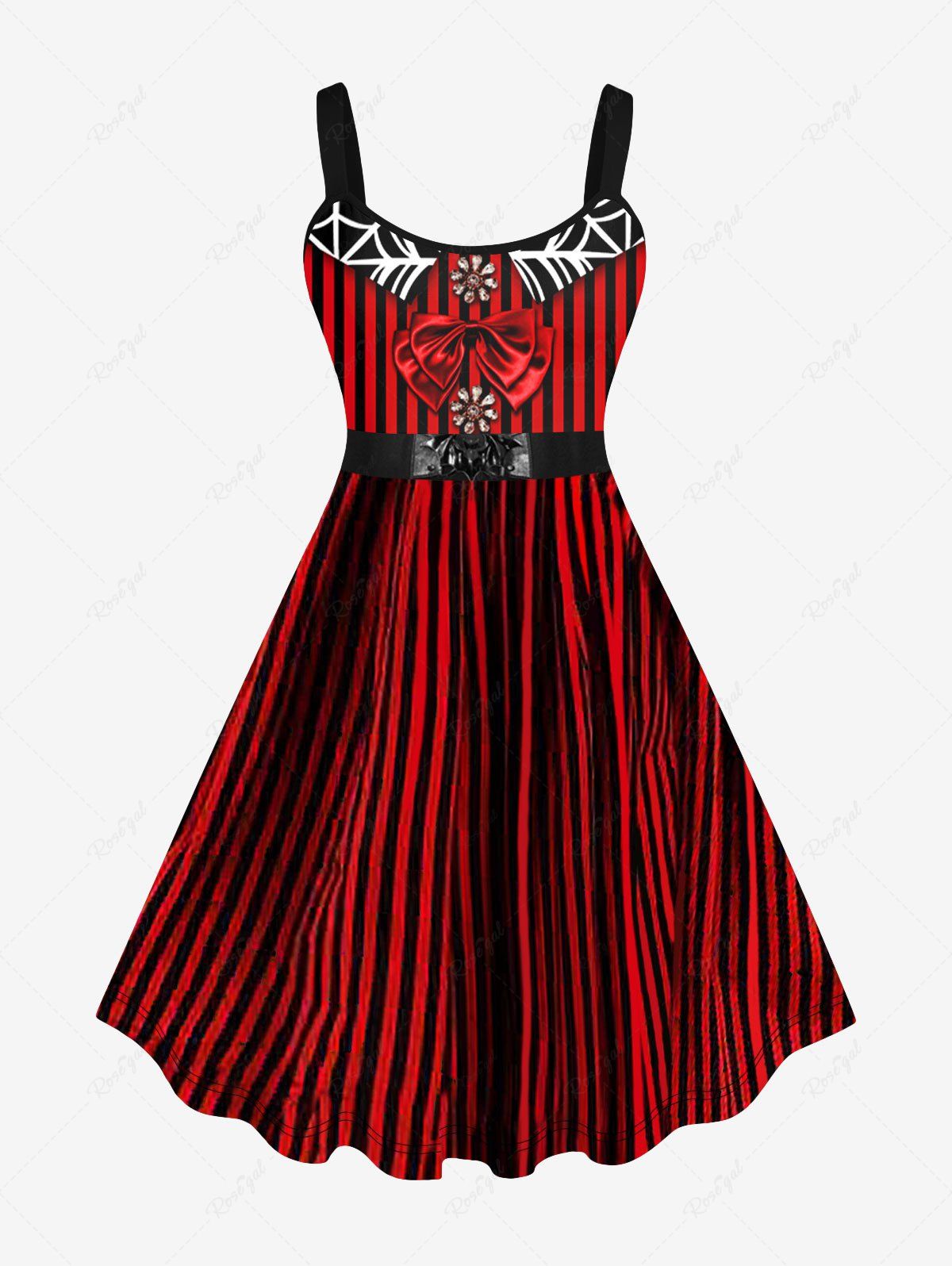 Best Plus Size 3D Bowknot Striped Bat Belt Spider Web Print Halloween Tank Dress  