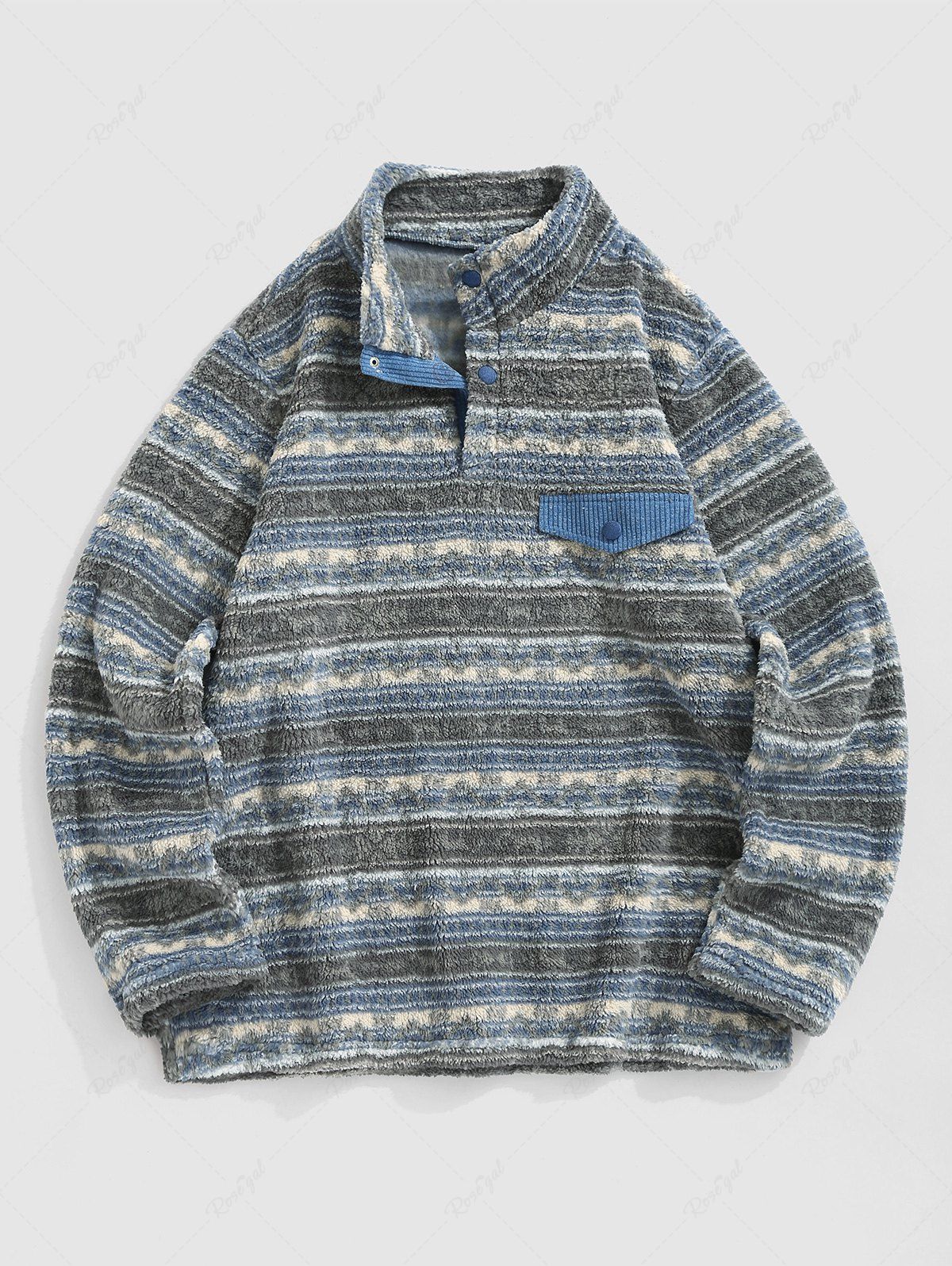 Outfits Men's Ethnic Printed Stand Collar Quarter Button Fluffy Teddy Fleece Sweatshirt  