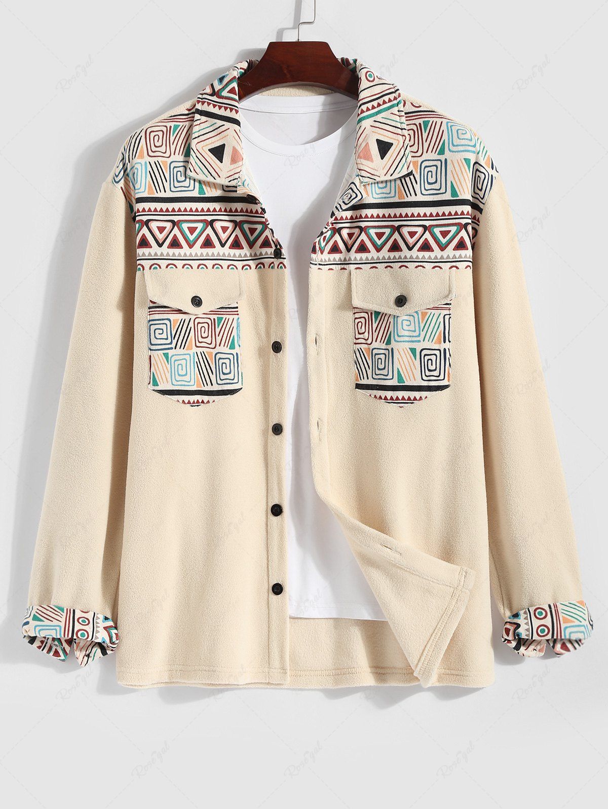 Outfits Men's Ethnic Style Geometric Printed Front Pocket Button Fuzzy Fleece Jacket  